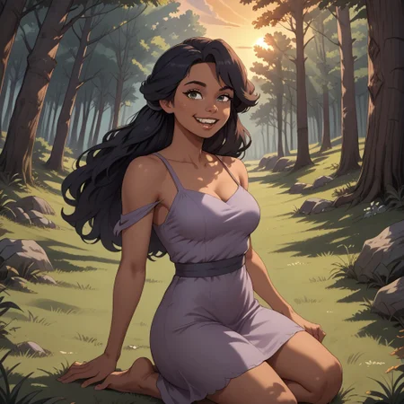 score_9, score_8, BREAK, black hair, long hair, black eyes, buck teeth, grey purple dress, barefoot, Lerk_Crood_(The_Croods), dark skin, dark skin female, adult female, mature female, breasts, sexy pose, self portrait, smile, outdoors, sunlight, shadows, evening lighting, natural lighting, forest, trees, grass, orange sky, sunset