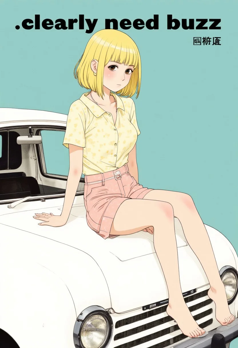 the text "clearly need buzz" on  the top. 
gongbihua, illustration,
a blonde hair cool girl is on a hood of a white Keitora car.