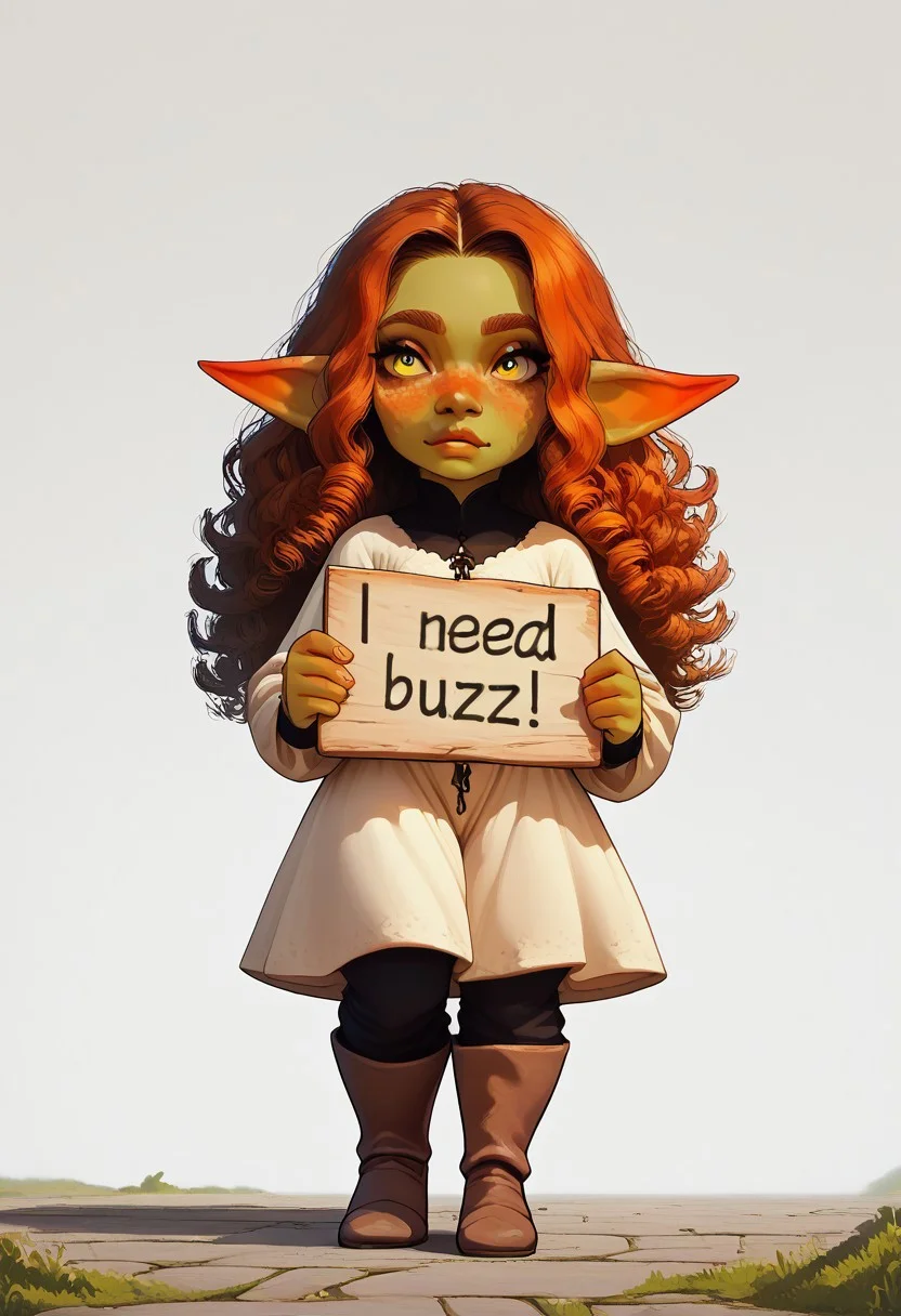 score_9, score_8_up, score_7_up, score_6_up,
Expressiveh, g0th1c, solo, full body.
1girl, Cute, goblin, green skin, sgortstack,long hair, red curly hair, freckles, big yellow eyes, small chest, medieval dress, standing on the side if the road. holding up sign saying "need buzz"
Midieval streets background.
