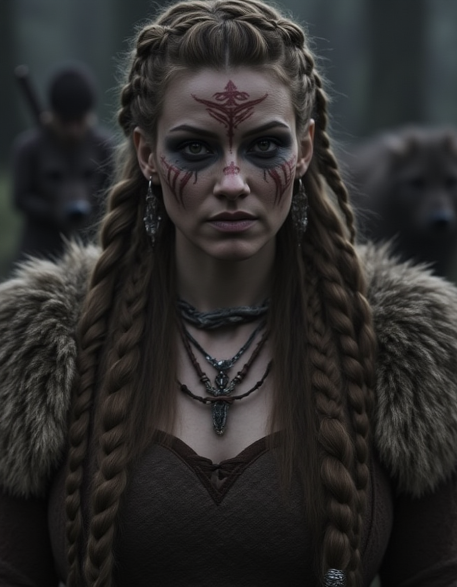a woman  viking female with braided hair, and war paint in her face, stand in a dusk wood, with some wolfs arounf her <lora:Female_Vikings_Hairstyle:1> v1k1ng2, braids, viking, face