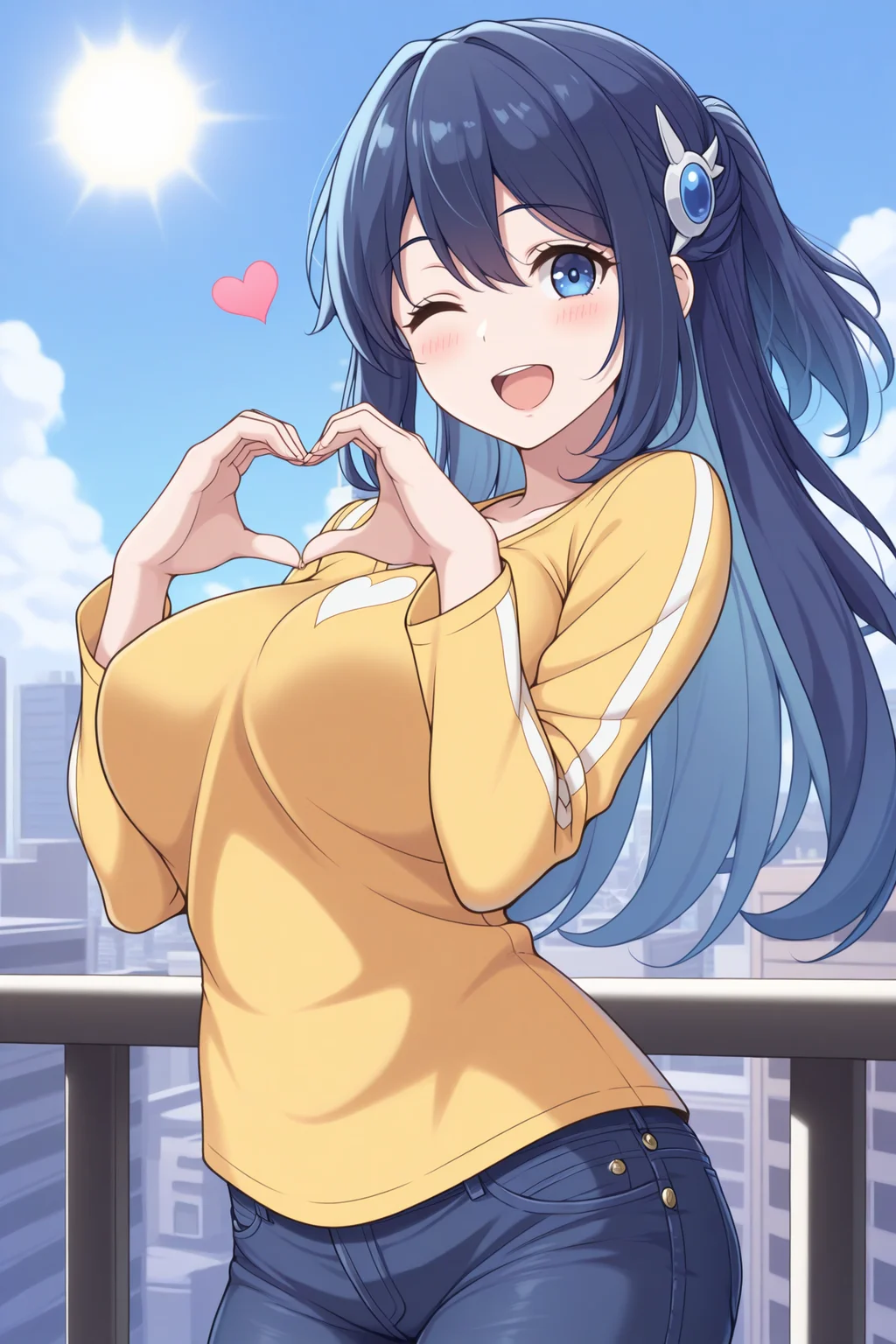 masterpiece, best quality, 1girl, solo, <lora:ystialuna-illu-nvwls-v1-000005:1> t1a, blue hair, long hair, half updo, blue eyes, hair ornament, yellow shirt, long sleeves, jeans, large breasts, city, blue sky, sun, heart hands, wink, happy, open mouth, blush, looking at viewer