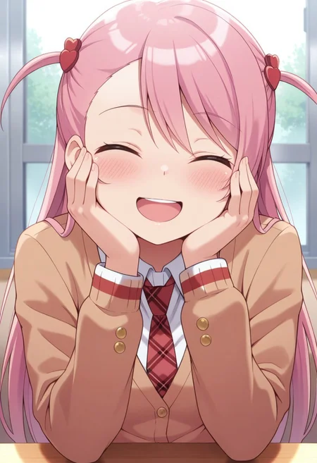 masterpiece,best quality,amazing quality, sakuramori maho, long hair, pink hair, 1girl, solo, closed eyes, two side up, blush, necktie, open mouth, hair ornament, smile, school uniform, red necktie, hands on own face, shirt, star (symbol)