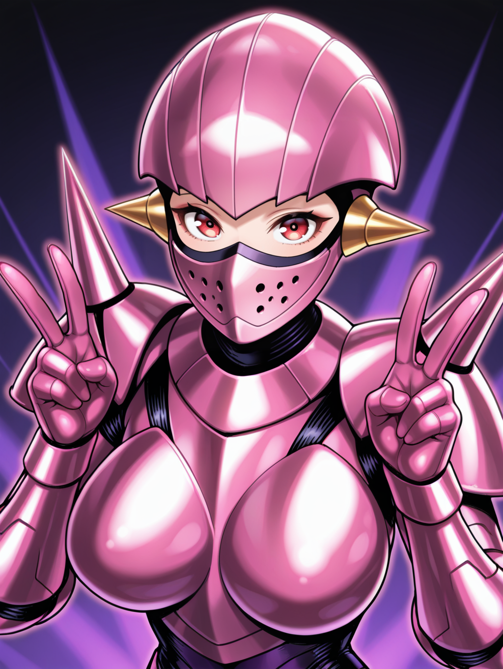 full armor,robot girl,robolady,1girl,solo,spikes,large breasts,looking at viewer,upper body,covered mouth,mouth mask,pink helmet,pink armor,shoulder spikes,pink gauntlets,purple bodystocking,double v, 
masterpiece,best quality,amazing quality,very aesthetic,absurdres,newest,<lora:Robolady illuXL v1:0.7>,