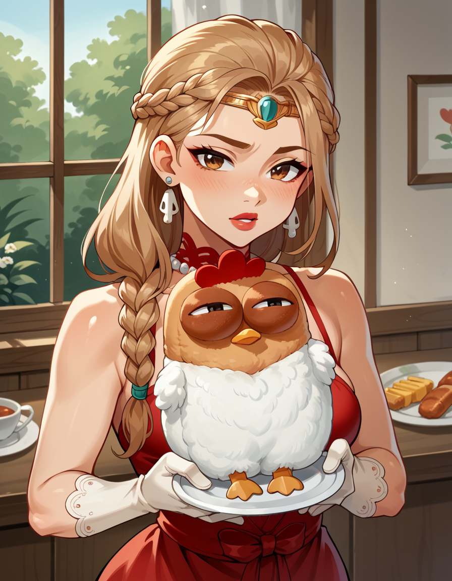 score_9, score_8_up, score_7_up, score_6_up, score_5_up, score_4_up, 1girl, solo, Hakuja, circlet, Dinner gown, gloves, and necklace, Trailblazer, Short, Wide Hips, Triangular Face, Fair Skin, Light Brown Hair, hazel Eyes, Short Nose, Thick Lips, Sharp Chin, Long Hair, Thick Hair, Fishbone Braid, perky breasts, Clip-on earrings, red sheer lipstick,  hud_ch1cken_purs3, bird, animal, chicken, <lora:purse:0.8>