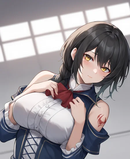 score_9,score_8_up,score_7_up,source_anime,rating_safe BREAK masterpiece,highres,best quality,high quality,dramatic angle,cinematic lighting,1girl,<lora:NightOfRevenge_pony_V1-000020:0.86>,black hair,gradient hair,gradient hair,yellow eyes,white shirt,bowtie,underbust,capelet,bare shoulders,detached sleeves,thigh boots,tattoo,ribbon,looking at viewer,embarrassed,huge breasts,frills,hands on own chest,indoors,bed,aradia