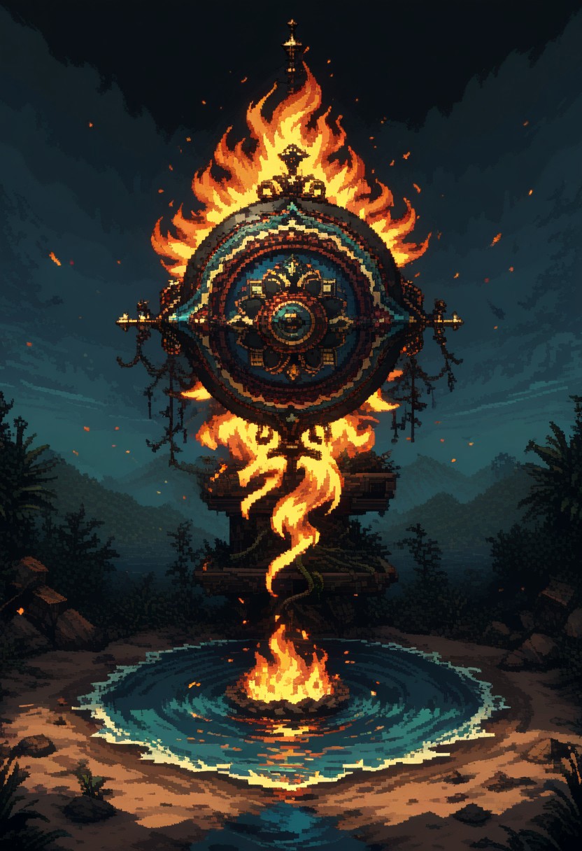 score_9, score_8_up, score_7_up, yamer_pixel_fusion, pixel art, earth, wind, fire, water, split image of four elements, mandala, esoteric, hyper-detailed, d3p1x3l, pixel art