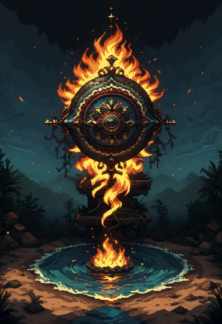 score_9, score_8_up, score_7_up, yamer_pixel_fusion, pixel art, earth, wind, fire, water, split image of four elements, mandala, esoteric, hyper-detailed, d3p1x3l, pixel art