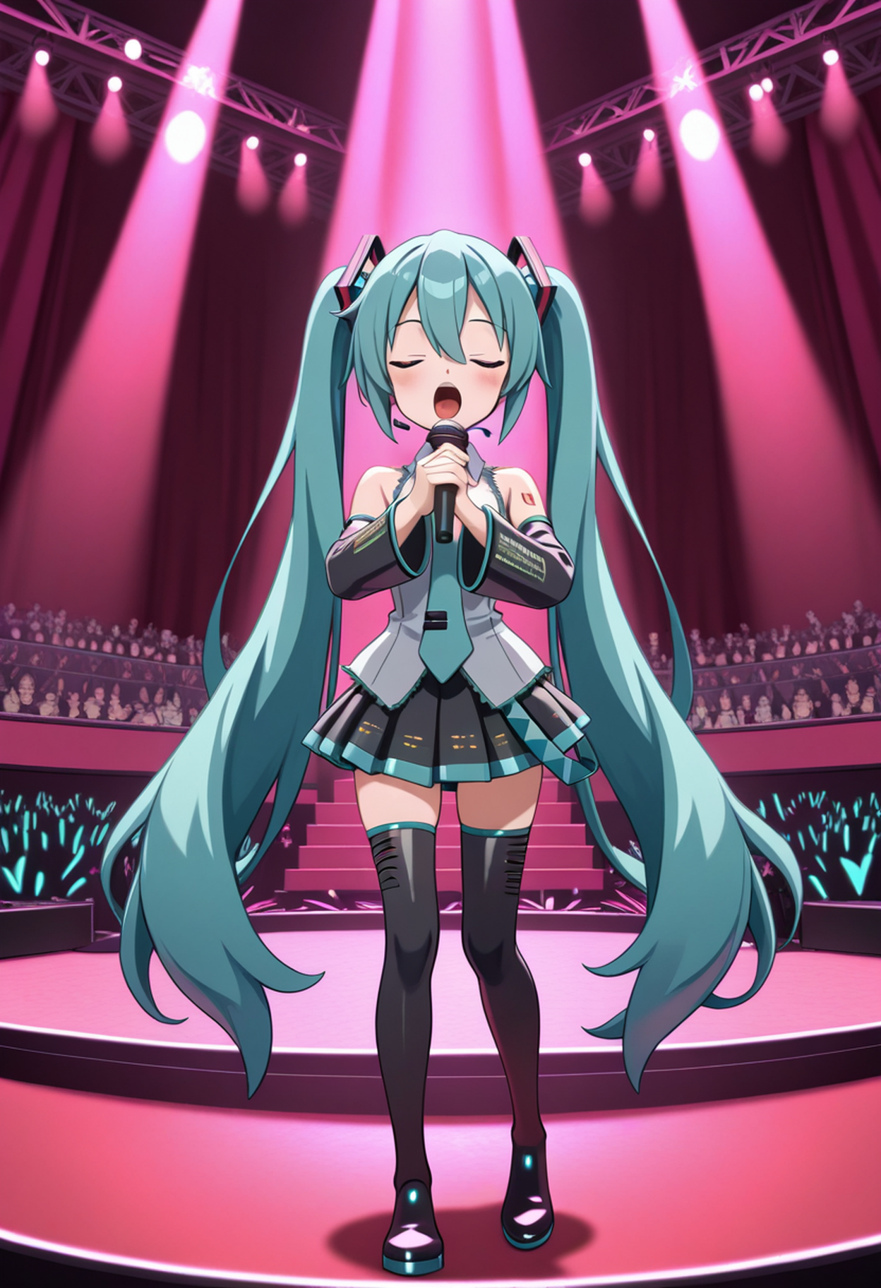 n1s, anime, highly-detailed, best quality, masterpiece, very aesthetic, 1girl, Miku, singing, microphone, stage, audience