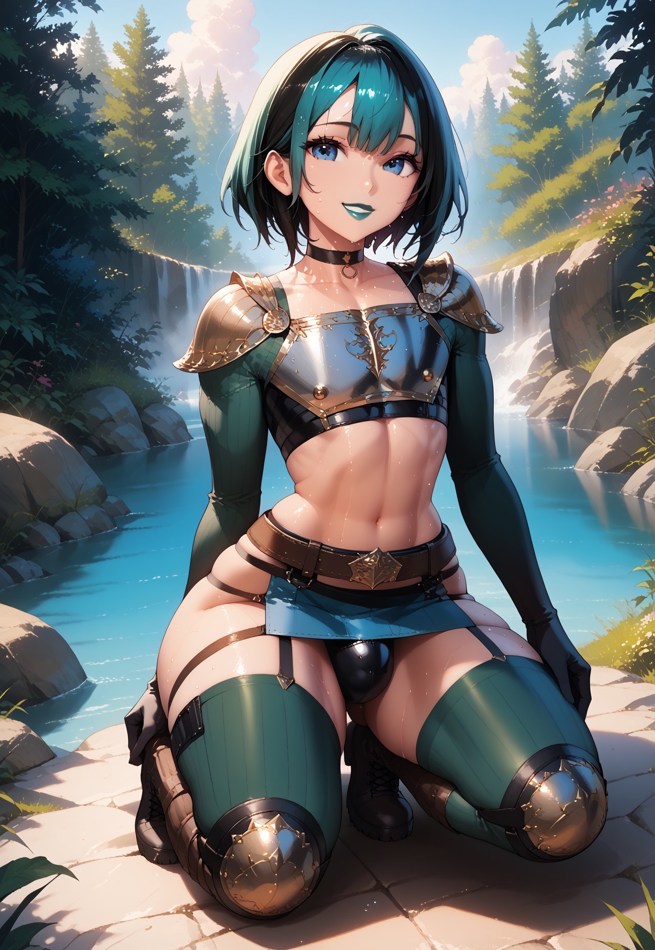 safe_pos, score_9_up, score_8_up, score_7_up, <lora:add-detail-xl:-1>, ultra detailed, source_anime, masterpiece, beautiful face, (femboy:1.5), gwentd, two-tone hair, blue eyes, lipstick, choker, crop top, long sleeves, midriff, skirt , lipstick, (sweating:1.5), choker, leather armor, black armor, masterpiece, (flat chest), (black chestplate:1.5), (smiling), cute, (strapped knee guard:1.5), midriff, choker, leather arm guards, (blue miniskirt), shoulder armor, beautiful face, masterpiece, long sleeves, thigh highs, (wide hips, curvy body), black long gloves, choker, big ass, (dark green legwear, ribbed legwear) thigh socks, (exotic boots), waist belt, tactical belt, sweaty, sexy, white background, (full body:1.5), (outdoors), (camp), (random pose:1.5)