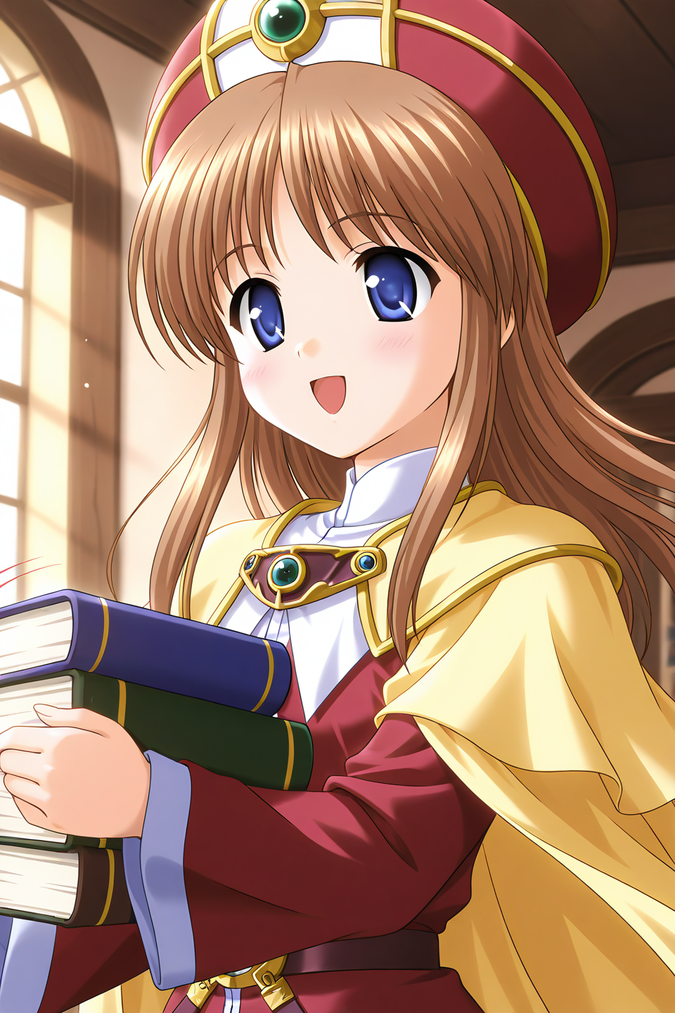 masterpiece, best quality, absurdres, official art, official style, rating general BREAK <lora:sylphycloud_IL_v1-1:0.7>, sylphy cloud, 1girl, solo, blue eyes, brown hair, long hair, bangs, flat chest, book, hat, long sleeves, open mouth, blush, brooch, smile, motion blur, holding book, :d, upper body, belt, indoors, red headwear, book stack, gem, wide sleeves, sleeves past wrists, blurry, motion lines, red dress, glowing, speed lines, in the face, looking away, window, standing, 1boy, close-up, yellow cape, turtleneck, floating hair