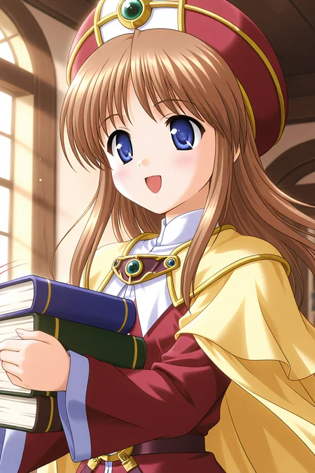 masterpiece, best quality, absurdres, official art, official style, rating general BREAK <lora:sylphycloud_IL_v1-1:0.7>, sylphy cloud, 1girl, solo, blue eyes, brown hair, long hair, bangs, flat chest, book, hat, long sleeves, open mouth, blush, brooch, smile, motion blur, holding book, :d, upper body, belt, indoors, red headwear, book stack, gem, wide sleeves, sleeves past wrists, blurry, motion lines, red dress, glowing, speed lines, in the face, looking away, window, standing, 1boy, close-up, yellow cape, turtleneck, floating hair