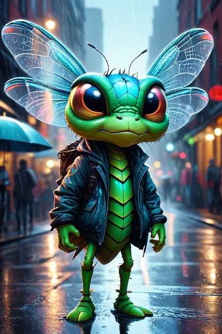 Detailed digital illustration of an anthro Dragonfly (Tilting head, appearing curious) at a Rain-soaked streets with reflective holographic signs, <lora:xl_more_art-full_v1:0.5>,  <lora:anthro_muscular:0.7> , <lora:madpunk:0.4> madpunk