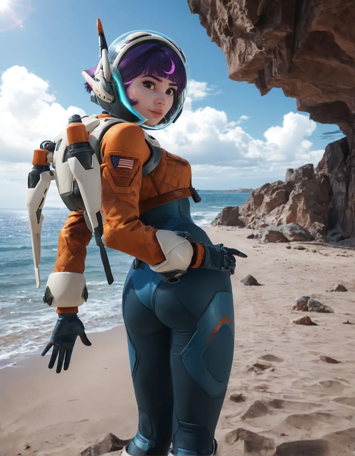 score_9, score_8_up, score_7_up,score_6_up,high resolution,jn0,1girl,beach,short hair,purple hair,spacesuit,space helmet,jetpacket,gloves,shoes,volumetric lighting,rim lighting,dof,dramatic shadow,looking at viewer,upper body,dynamic pose,looking at viewer,from behind,standing