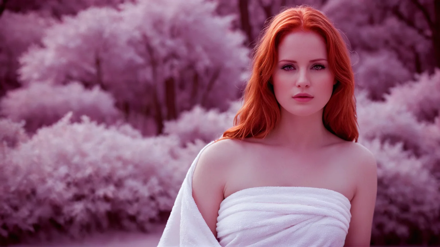 cinematic film still of <lora:add-detail-xl:0.1>1
<lora:detailed:0.2>
<lora:perfection style:0.2>
<lora:eyetune:0.5>
<lora:xl_more_art-full_v1:0.3>
<lora:Ron Fricke style:0.3>
<lora:Unreal Engine style:0.1>
<lora:TeethXL:1>
<lora:infrared photography style:1>
<lora:Chiaroscuro Lighting Style:0.3>
infrared (IR) photography a woman with red hair and a white towel,1girl,solo,long hair,red eyes,brown eyes,closed mouth,red hair,pink eyes,blurry,lips,depth of field,blurry background,portrait,realistic , movie themed, sharp, detailed, epic cinematic photography, artistic, dramatic light, cinematic style, film style, infrared photography style, shallow depth of field, vignette, highly detailed, high budget, bokeh, cinemascope, moody, epic, gorgeous, film grain, grainy