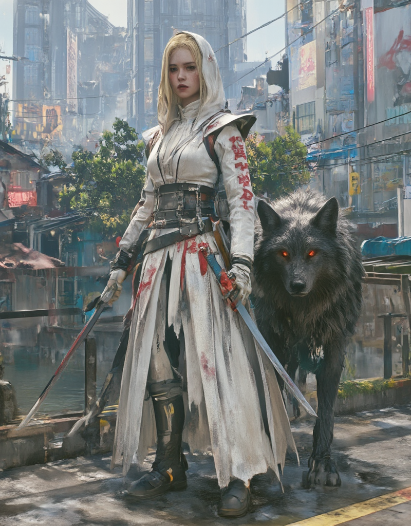Beautiful 18yo blond girl holding a bloody katana and a red rose, wearing a white detailed rich gothic outfit with red kanji, in a ninja pose, standing, full body, <lora:testo1:1> cyberpuk, cyberpunk, night, very detailed, very narrow street, futuristic, ground view, high buildings in the background, billboard on trees, signs, shop, kanji, illuminated, neon street marking, city lights, houses, vegetation, river, rain, reflections, very wet, beautiful, giant wet wolf on her side with glowing orange eyes,
