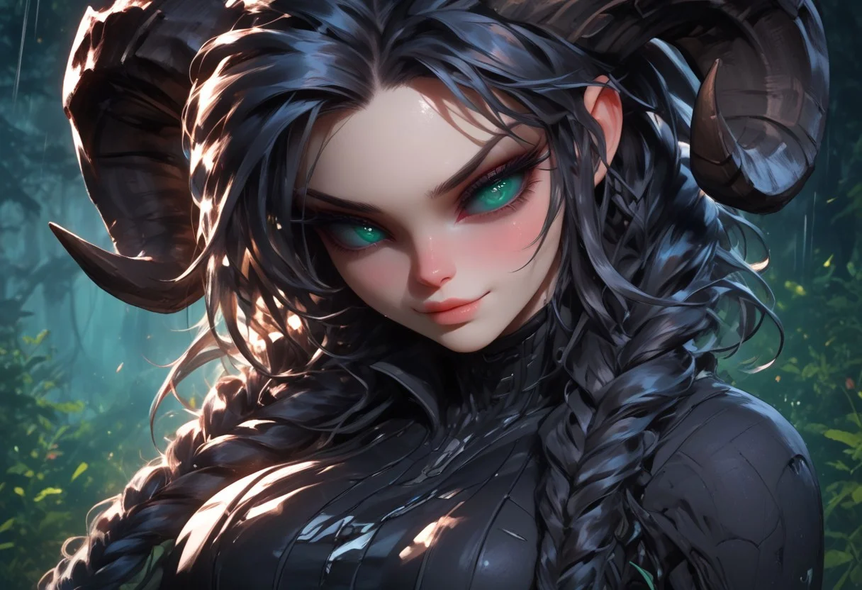 female, cel-shading, backlit, big eyes, cute eyes, delicate features, long hair, (braided hair), black hair, portrait, smug, seductive eyes, techwear, cyborg, cybernoir, heavy rain, rainrops, (((dark))), sexy, sensual glare, teal eyes, black sclera, big chest, solo, extreme closeup, h0rns, ram horns,