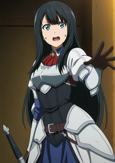 volumetric lighting, official style, amazing quality, ultra detailed, highres, detailed background,anime coloring, (anime screencap) masterpiece, detailed face,1girl<lora:Suzune_Inukami__:0.9>Suzune_Inukami, long hair, armored dress, black hair, weapon, blue eyes, open mouth, gloves, sword, solo, breastplate, brown gloves, belt, sweatdrop, reaching out