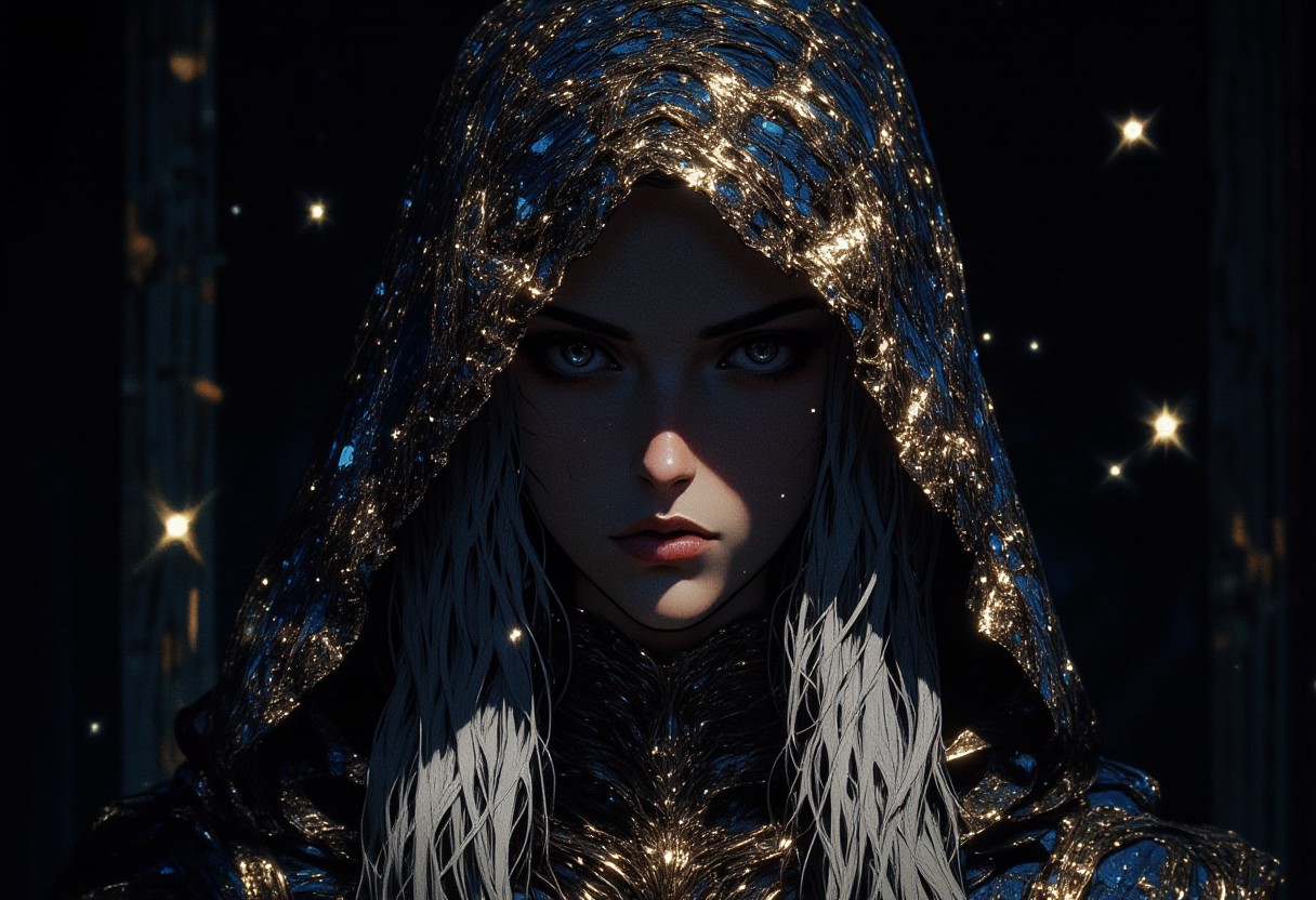 a young woman is standing alone against a gloomy backdrop. She has silver hair and silver eyes. She is draped with a cloak made of patterns from a shimmering starry night sky. The stars are white and gold. Her face is in focus but shadowed by her cloak. The cloak is the only thing illuminating the scene, and it gets darker the further away it is. Her fair skin contrasts softly against the glittering cloak, and her expression is introspective, with slightly parted lips adding a touch of sensuality. The cloak catches the ambient light, scattering it into a dazzling display of shimmering reflections, resembling a star-studded night sky. The dim, ambient lighting enhances the intimate, moody atmosphere, casting gentle shadows that sculpt the contours of her face and body, emphasizing her serene yet enigmatic presence. The composition blends softness and glamour, fusing intimate elegance with a hint of otherworldly magic.