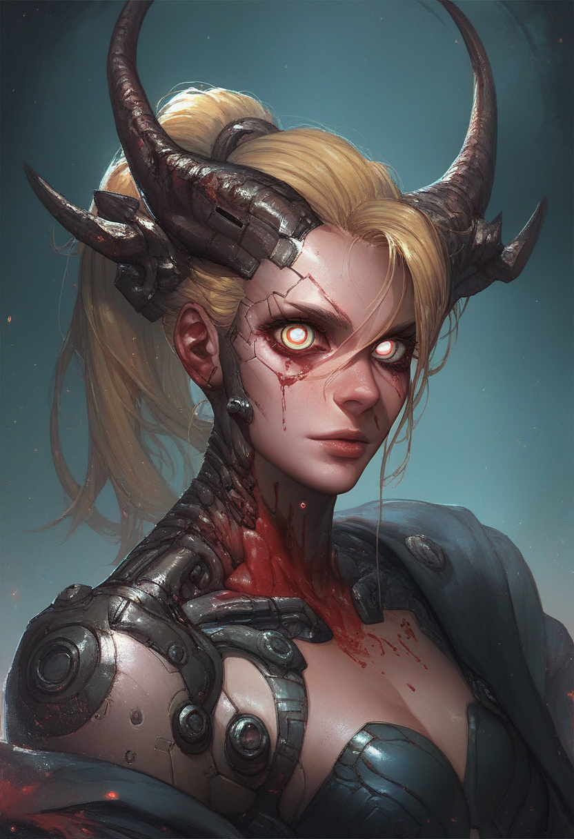 score_9, score_8_up, score_7_up,<lora:kyuyong:1> kyuyongeom, metal horns, 1girl, solo, cyberpunk, cyborg, looking at viewer, ponytail, bloody eyes, liquid blood under eyes, blonde hair,