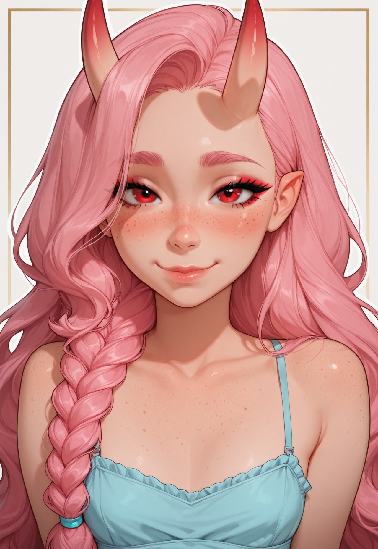 pinkubus girl,pink hair,red eyes,otoko no ko,oni horns,cute face,freckles,bust shot,portrait,looking at viewer,border,thick_outline,cute face,white background,long hair,freckles,eyeliner,braid,smirk,pointy ears