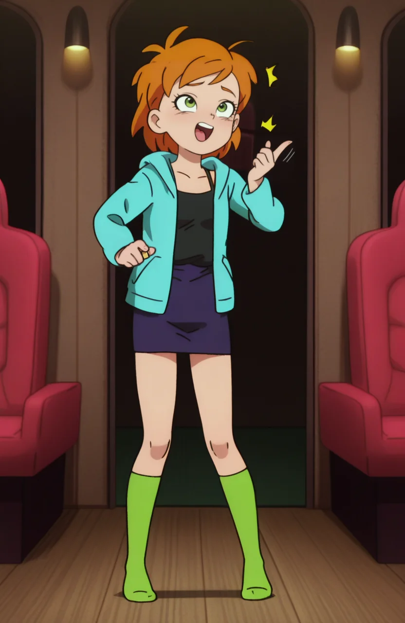 <lora:anatomy_helper:0.8> 1girl, solo, <lora:Broly_v1:0.9> dbsb,
aqua open hoodie, cross-laced hoodie, spaghetti straps , hood down, black t-shirt, long sleeves, purple pencil skirt, green over-kneehighs, no shoes, <lora:Gwen2016:0.6> gwen2016, orange hair, green eyes,
theater, Fingers snapping, (Joyful laughter), extremely detailed, highres, masterpiece, best quality