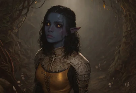 safe_pos, solo, short pointy ears, piercings, nord woman, random elf face, aquiline features, dark elf, weathered skin, large nose, animated realism, zoomed out, Syrian features, torso, subterranean, glowing mushrooms, mushroom forest, cave enviroment, large cavern, gloomy lighting, ancient ruins, interior, dark soil floor ,grey-blue skin, scarlet and gold clothes, medium armor, bone plate armor, ivory straps and fittings, grey wood neckguard, dark red sclera, black pupils, distant mushroom forest, blue-green light, neon, highly detailed, defined features, looking at viewer, three quarters view, from above, dynamic lighting, 36 years old, light and shadows, patterned cloth, annoyed expression, expressive eyes, detailed medieval clothes, medium_breasts, medium hair, wavy hair, thick hair, beaded hair, braided hair, under cut hair, semirealistic, alien elf, spanish features, jewish features, black hair, dark red hair, umber skin, sharp features, red persian print cloak, nighttime, high detail, absurdres, pretty eyes, detailed eyes, yellow eyes,