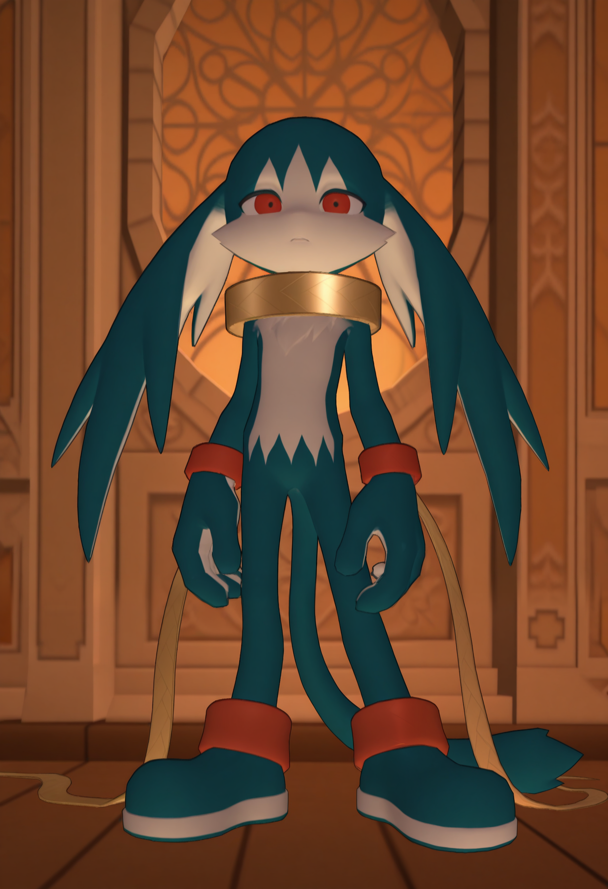 masterpiece,best quality,amazing quality, 1boy, solo, s0rr0w, furry, red eyes, neck ring, scarf, red bracelets, red anklets, shoes, full body,