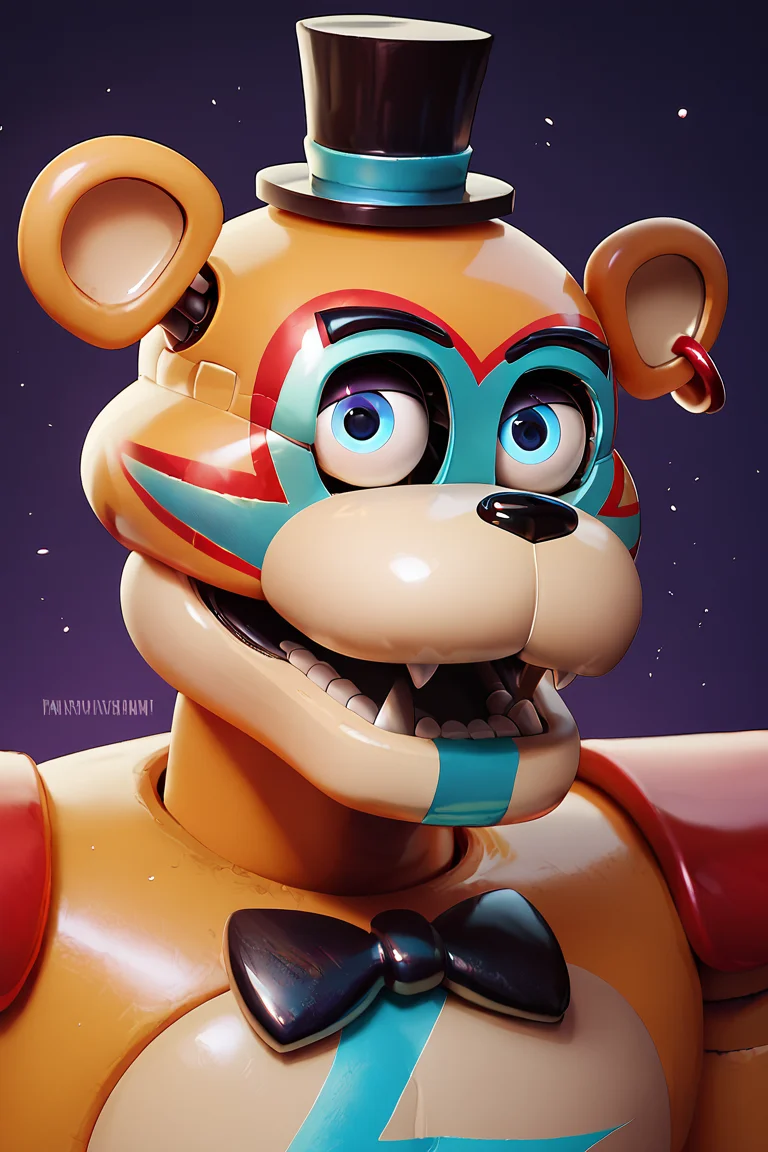 score_9, score_8_up, score_7_up, score_6_up, lots of details, half body, FNAF, glamrockfreddy, spiked bracelet, animatronic, orange fur, blue eyes, top hat, earring, open mouth, looking at viewer, detailed, masterpiece, best quality, 32k, shaded, detailed shading, light particles, purple background, best eyes <lora:GlamrockFreddyPony:0.95>