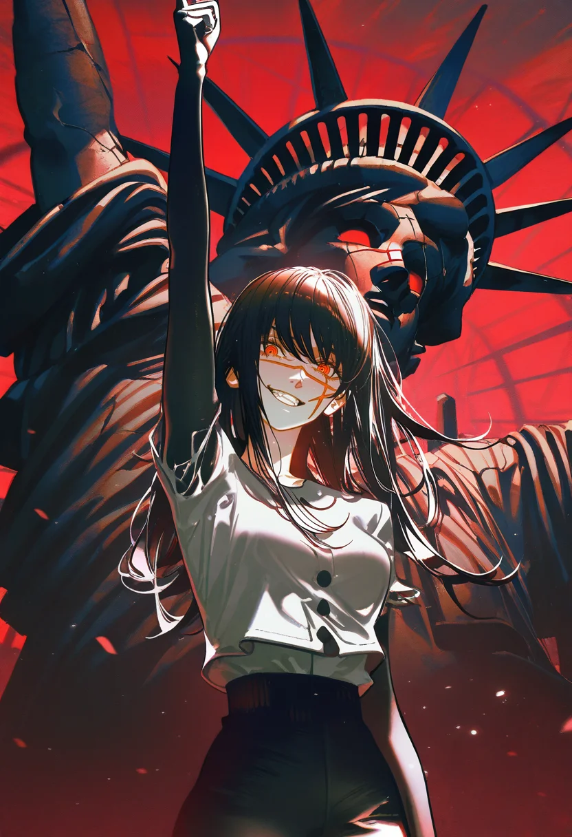 artist:yoneyama mai,artist:john kafka,artist:wanke,artist:ask \(askzy\),deep glow effect,cinematic lighting,dramatic lighting,light particles,dark theme, best quality,amazing quality,very aesthetic,absurdres,beast quality,masterpiece, solo, yoru \(chainsaw man\), scar on face, red eyes, ringed eyes, black hair, long hair, <lora:Yoru_Illustration:1>, yoru, statue_of_liberty background, statue_of_liberty monster background, finger_gun, pointing_up, grin, crazy face, black_arm_garter, pants, white_shirt, lookng at viewer