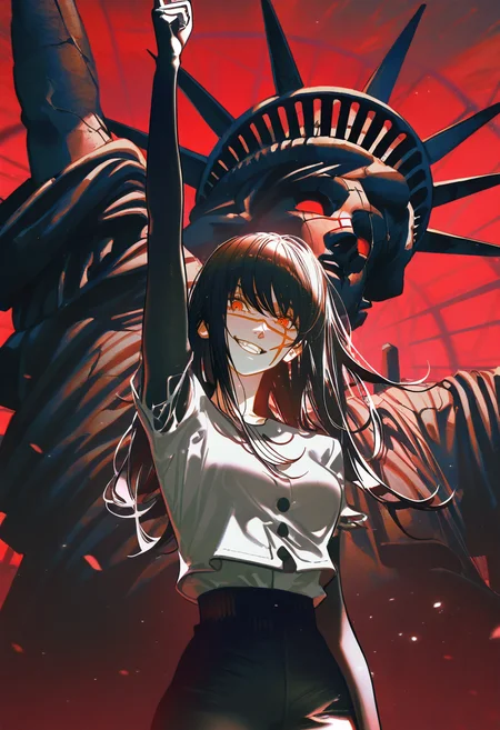 artist:yoneyama mai,artist:john kafka,artist:wanke,artist:ask \(askzy\),deep glow effect,cinematic lighting,dramatic lighting,light particles,dark theme, best quality,amazing quality,very aesthetic,absurdres,beast quality,masterpiece, solo, yoru \(chainsaw man\), scar on face, red eyes, ringed eyes, black hair, long hair, <lora:Yoru_Illustration:1>, yoru, statue_of_liberty background, statue_of_liberty monster background, finger_gun, pointing_up, grin, crazy face, black_arm_garter, pants, white_shirt, lookng at viewer