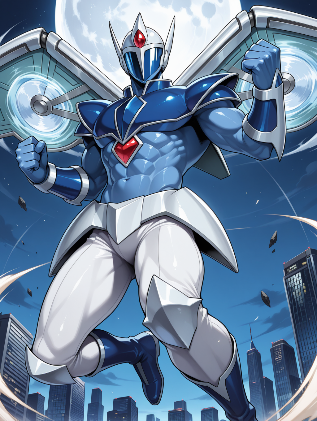 1boy,elemental hero stratos,solo,male focus,clenched hands,abs,tokusatsu,no humans,muscular male,covered face,white helmet,blue full bodysuit,blue shoulder armor,white mechanical wings,blue vambraces,white pants,blue boots,white armored skirt,wind,flying,looking at viewer,from below,night sky,full moon,skyscraper,incoming attack, 
masterpiece,best quality,amazing quality,very aesthetic,absurdres,newest,<lora:Elemental HERO Stratos illuXL v1:0.73>,