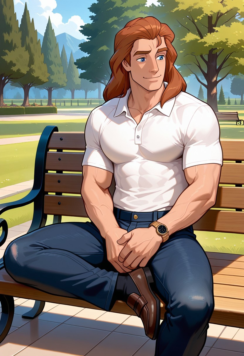 masterpiece,best quality,amazing quality,very aesthetic,absurdres,newest, huge filesize, Prince_Adam_BTB, 1man male focus, solo, auburn hair, blue eyes, lean and athletic, mature,  long hair, strong, long legs, tall, manly, masculine, classy, artistic, relaxed look, small smile, park, sitting on a park bench, Polo shirt,  loafers, dark denim jeans, wristwatch