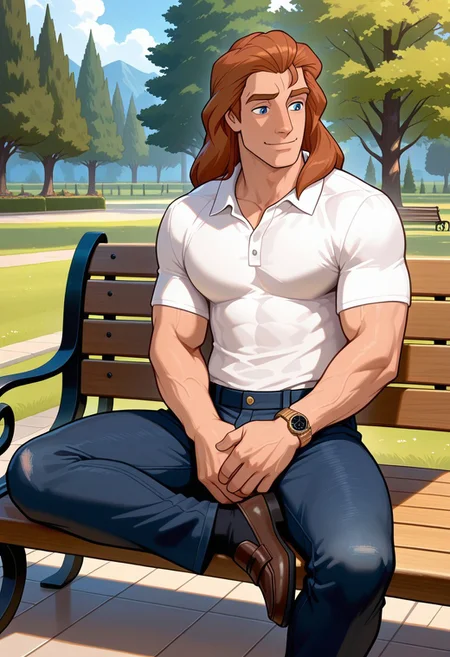 masterpiece,best quality,amazing quality,very aesthetic,absurdres,newest, huge filesize, Prince_Adam_BTB, 1man male focus, solo, auburn hair, blue eyes, lean and athletic, mature, long hair, strong, long legs, tall, manly, masculine, classy, artistic, relaxed look, small smile, park, sitting on a park bench, Polo shirt, loafers, dark denim jeans, wristwatch