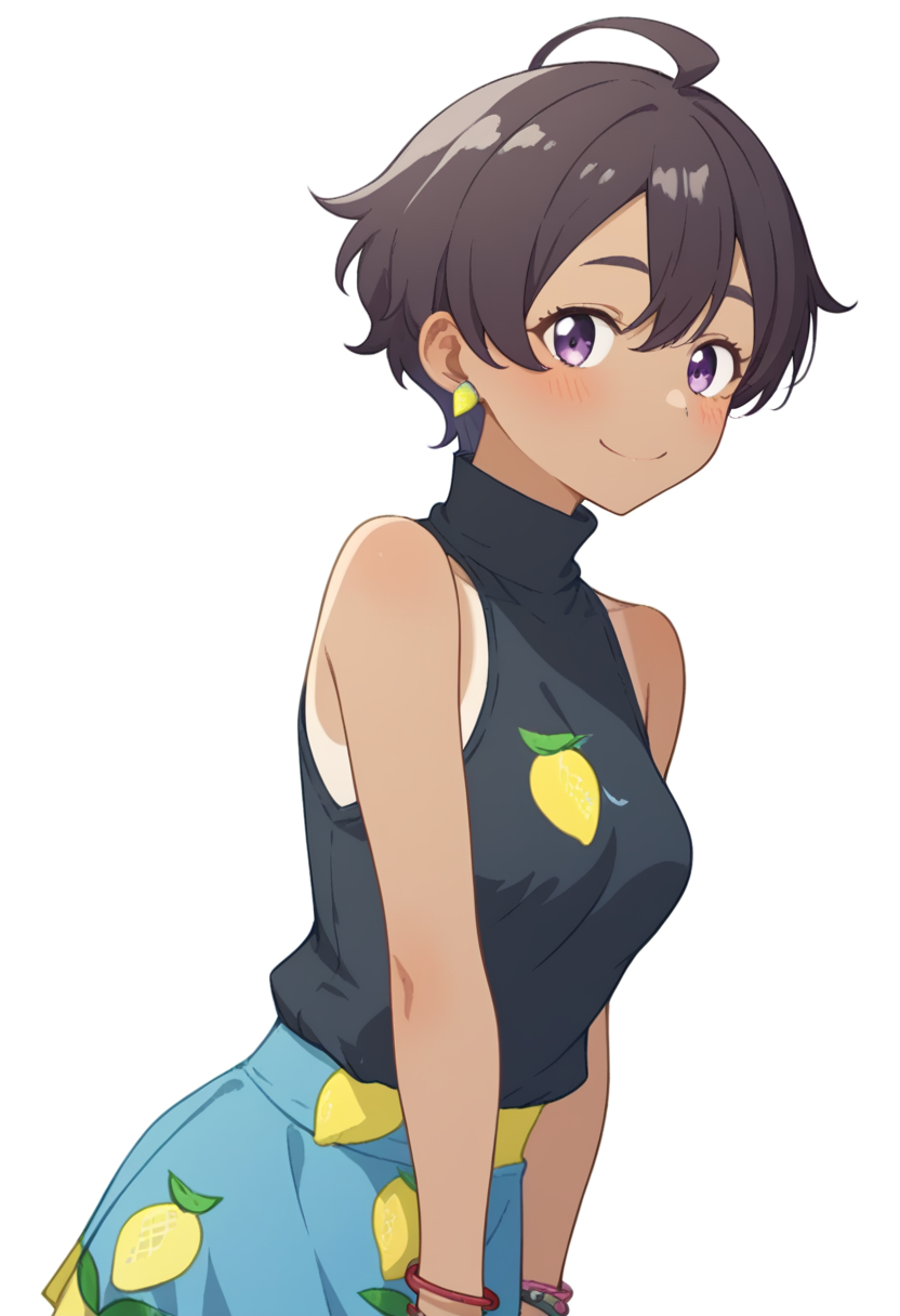 score_9,score_8_up,score_7_up,<lora:yakishio_remon_pony:1>,1girl, absurdres, ahoge, bare_shoulders, black_hair, black_sweater, blue_skirt, blush, bracelet, closed_mouth, commentary_request, cowboy_shot, cropped_sweater, dark-skinned_female, food-themed_earrings, highres, lemon_earrings, looking_at_viewer, print_skirt, purple_eyes, short_hair, simple_background, sleeveless_sweater, sleeveless_turtleneck, small_breasts, smile, solo, tanlines, turtleneck_sweater, white_background, yakishio_remon