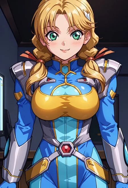 score_9, score_8_up, score_7_up, score_6_up, source_anime, anime screencap, 1girl, solo, oldrin, blonde hair, low twintails, green eyes, srwbluepilotsuit, blue bodysuit, pauldrons, wrist guards, metal belt, grey armor, helmet removed, no headwear, large breasts, looking at viewer, light blush, smile, cowboy shot, night, indoors, modern, dark walls, monitor,