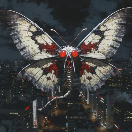 Anime picture, a huge moth made out of skeletons, with glowing red eyes, its mouth is dripping with blood, flying down on to an abandoned city, in the style of Katsuhiro Otomo