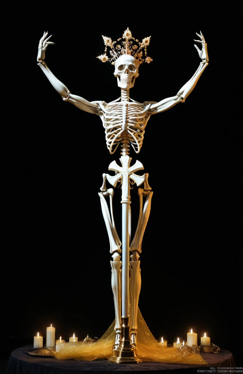 score_9, score_8_up, score_7_up, score_6_up, 
vintage allure, powerful lich queen, goddes of death, ethereal beauty, dark and ominous lighting, skeleton, ivory skull, magical illumination, medieval fantasy, surrounded by ancient books, emanating a sense of deep knowledge and wisdom, mystical atmosphere, intricate details, high contrast, regal aura, evokes a sense of both allure and danger, shadows dancing around her, otherworldly presence., cinematic hdr, Photoshoot with Nikon D6, 105mm f/1.4 (f/2.0, low ISO)
 <lora:add-detail-xl:0.8>,  <lora:sinfully_stylish_SDKL:0.8>,  <lora:quality1:0.8>,