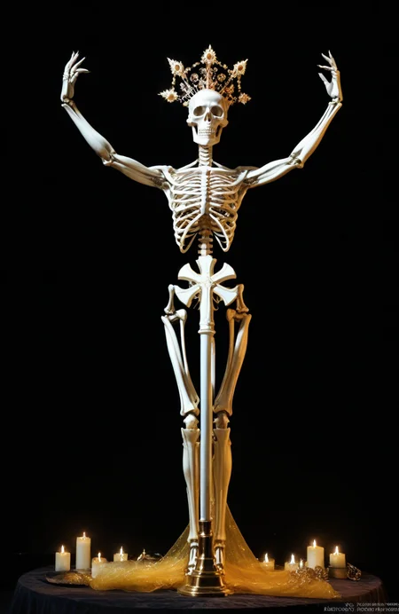 score_9, score_8_up, score_7_up, score_6_up, 
vintage allure, powerful lich queen, goddes of death, ethereal beauty, dark and ominous lighting, skeleton, ivory skull, magical illumination, medieval fantasy, surrounded by ancient books, emanating a sense of deep knowledge and wisdom, mystical atmosphere, intricate details, high contrast, regal aura, evokes a sense of both allure and danger, shadows dancing around her, otherworldly presence., cinematic hdr, Photoshoot with Nikon D6, 105mm f/1.4 (f/2.0, low ISO)
 <lora:add-detail-xl:0.8>,  <lora:sinfully_stylish_SDKL:0.8>,  <lora:quality1:0.8>,