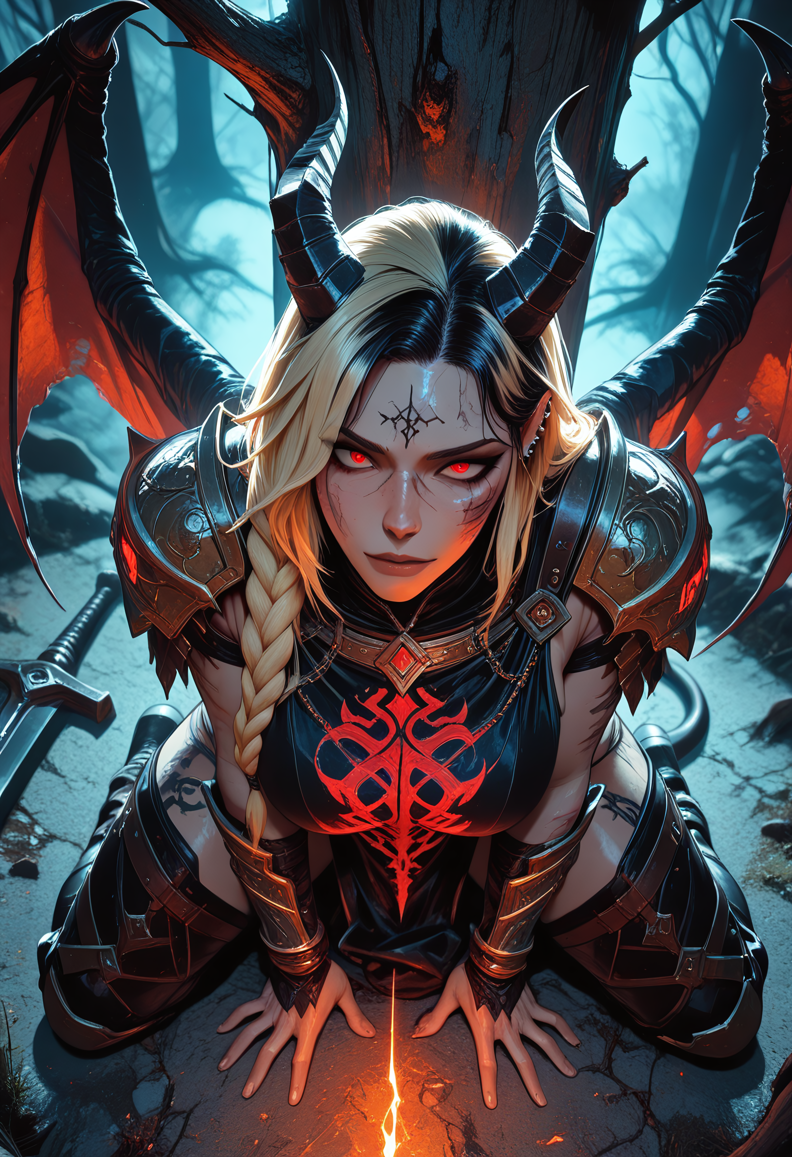 highres, very detailed, amazing quality, masterpiece,
very aesthetic,
particle effect,

1girl, Demon Queen, Warrior Queen, horns, wings, tail, long braided hair, Black hair, red eyes, perfect eyes, scars, scars on face, blonde highlights in hair, beautiful, Large breasts, perfect body, muscle tone, cross tattoo, tattoos, arm tattoo, leg tattoo, neck tattoo, piercings, armor, tabard, red and black tabard, armor plating, jewelery, enchanted armor, enchanted sword, engraved armor, greatsword, long sword, curvy, 

dark forest, foreshortening, night, at night, dark forest, dark, foggy, witchcraft symbols hanging from tree, symbols carved into trees, ritural markings, ominous, eerie,  

Kneeling on ground, submitting, submission, hands on knees, 

(From above:1.2, View from above:1.2, close up:1.2), 
