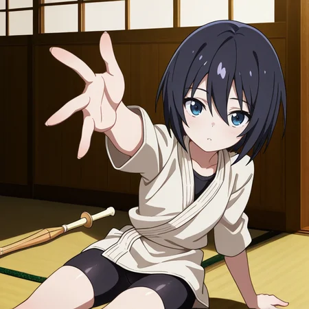 <lora:IL_Yamoto_Koki:1>,nin_sly_k,1girl,solo,Yamoto Koki,short hair,black hair,blue eyes,
dougi,bike shorts,shinai,
tatami,reaching towards viewer,sit,arm support,, masterpiece,best quality,amazing quality,very aesthetic,absurdres,