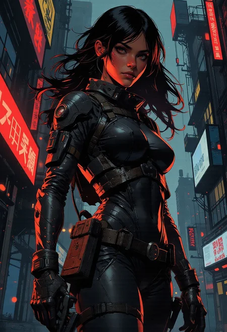magnificent,  closeup portrait, female bounty hunter, flowing black hair, futuristic armor, sexy, curvy, large breasts, large ass, a rifle strapped to her back, holstered pistol, Cyberpunk City, Neon Lights, 
Cowboy Shot, close up,