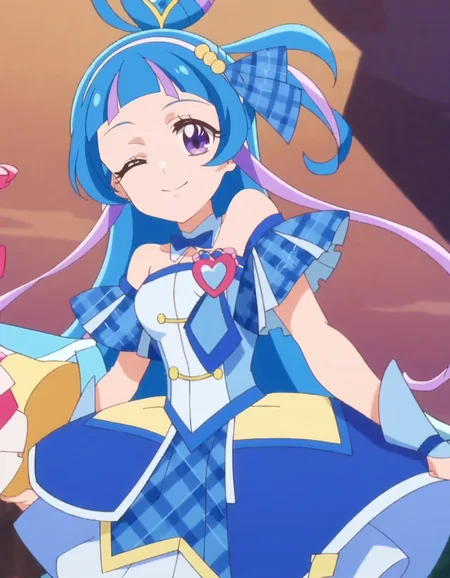 score_9, score_8_up, score_7_up, anime screencap, solo,1girl,curewink,blue hair, smile, looking at viewer, blue dress, magical girl, skirt, one eye closed,medium breasts ,cowboy shot<lora:curewink_pony:0.80>