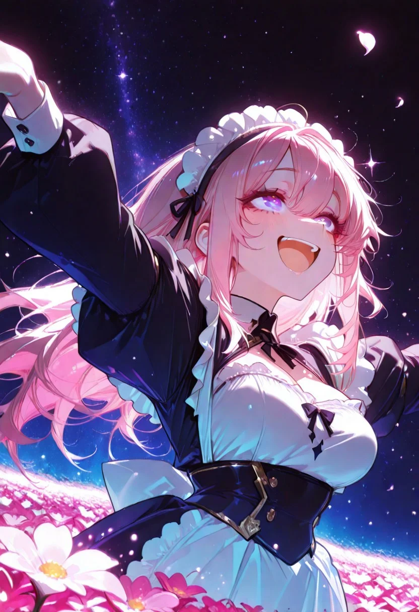 masterpiece, sharp detail, intricate detail, hair shader, 1girl, (j.k. ,rella, konya karasue), <lora:CivChan:0.8> CivChan, purple eyes, pink hair, maid uniform, cleavage, long hair, floating hair, looking up, outstretched arms, laughing, smile, happy, open mouth, flower field, starry sky, (holographic colors, light painting clothes), multicolored hair, colored inner hair,(neon palette), bare foot, falling petals, upper body, from below, dutch angle, dramatic highlights, backlit illumination, ethereal glow, magical atmosphere, swirling energy, light waves, face highlights, sparkling particles, BREAK chiaroscuro, volumetric lighting, dappled light, dramatic shadows, cinematic lighting, detailed background, light and shadow contrast, <lora:aboba_prime_3:0.7>, <lora:Bright_style:0.7> Bright_illu, sparkle,