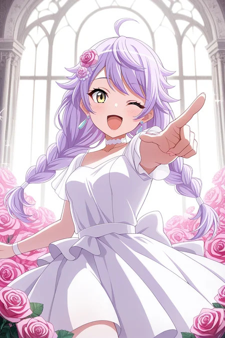 masterpiece, best quality, amazing quality,
<lora:Ichie_IL:1> ichie, 1girl, one eye closed, twin braids, braid, solo, dress, white dress, flower, yellow eyes, long hair, ahoge, open mouth, purple hair, smile, rose, pink flower, looking at viewer, hair ornament, earrings, pink rose, jewelry, pointing, bangs, white choker, short sleeves, makeup