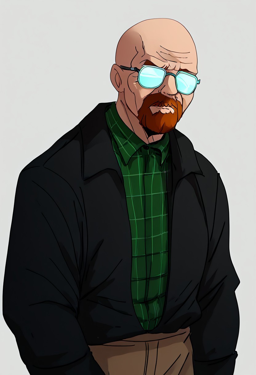 score_9, score_8_up, score_7_up, t00nstyl3
   , masterpiece, beautiful, opaque glasses
,black jacked,1 old man, walteruwaito,Middle-aged man, bald, Glasses, power pose, cold look,bear,goatee beard,green squared shirt under jacked, khaki pants