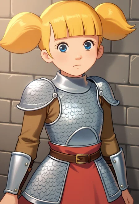 score_7_up, BREAK, penny \(inspector gadget\), 1girl, solo,blonde hair, twintails, blunt bangs, blue eyes, chainmail, medieval armour, skirt