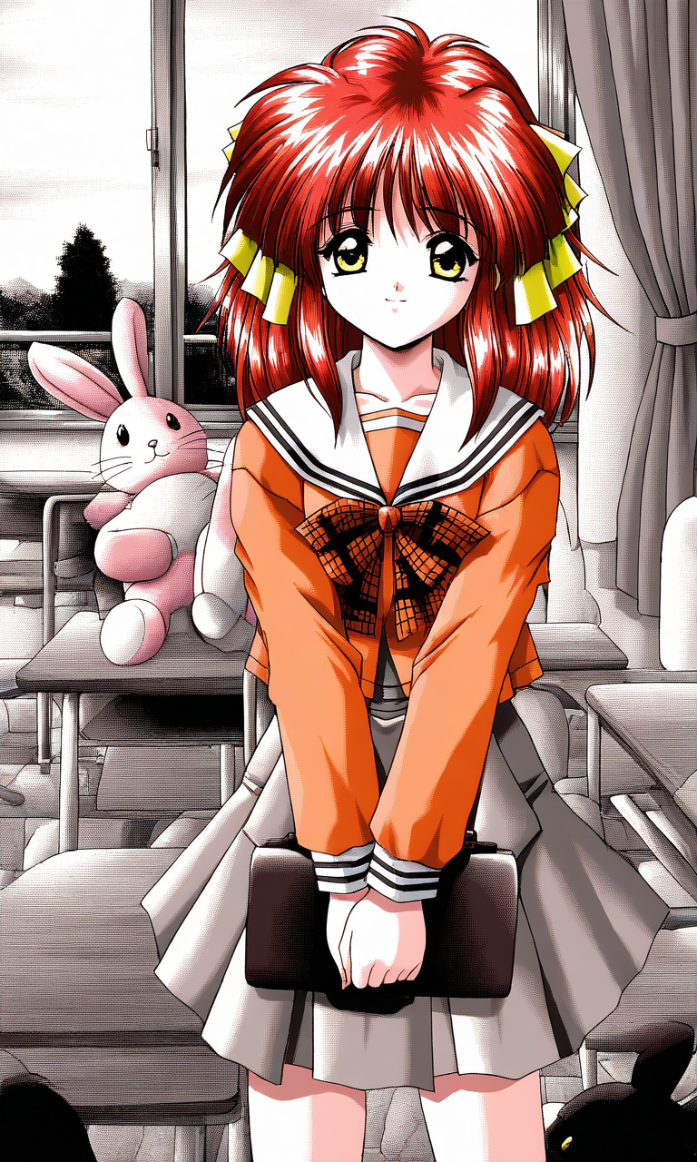 general,highres, ultra-detailed,very aesthetic,best quality ,best hands, BREAK <lora:Kisaragi_Hina_Akumu_AoiKajitsunoSange_IS:1>
Kisaragi_Hina, 1girl, solo, red hair,  medium hair, yellow eyes, hair ribbon, small breasts,
pink and black rabbit, stuffed toy, 
light smile, orange school uniform, ribbon, white+gray skirt, outdoors, v arms, check skirt, plaid bow, long sleeves, serafuku, School, class room, curtain.