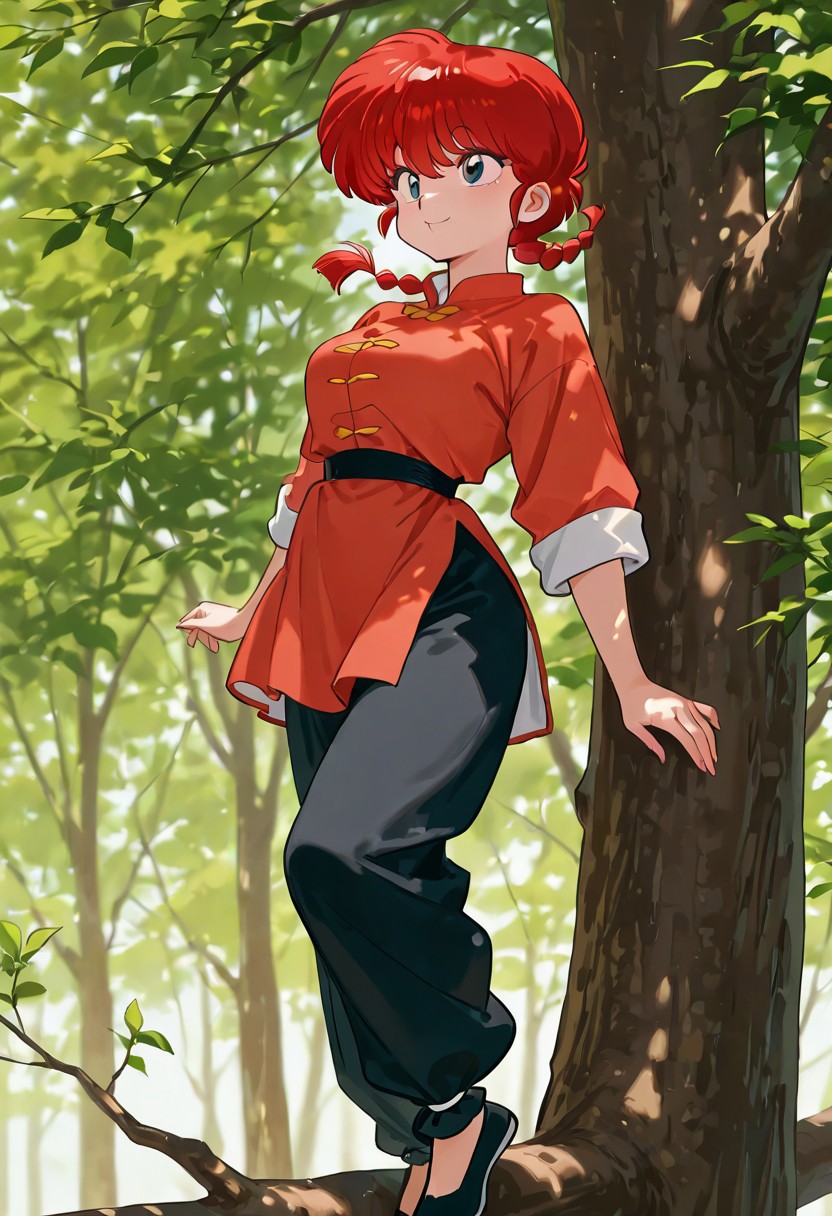 masterpiece, best quality,
ranma, 1girl, solo, red hair, braid, braided ponytail, single braid, light pink eyes, salmon pink eyeliner, bangs,
outift1, red tangzhuang, black pants under dress, medium breasts, sleeves rolled up, black footwear, sash,
breasts, outdoors, happy, trees, up the tree, standing on the branch