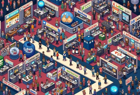 Miniature squares. This image is a bustling, vibrant illustration in pixel art style, depicting a dense convention scene reminiscent of comic cons or pop culture expos. The layout features an overwhelming number of booths, displays, and attendees packed into a tightly organized grid. Each booth is uniquely themed and represents a variety of pop culture elements, such as video games, anime, sci-fi, cosplay, and gadgets.
The art style is colorful, highly detailed, and embraces a retro, 8-bit to 16-bit aesthetic. The convention floor contains sections divided by large booths with diverse signage, ranging from food stalls to tech demonstrations, merchandise stands, and themed attractions. There are clearly labeled areas like “Gadget Zone” and “Maid Cafe,” adding to the immersive experience. Many of the booths have interactive or comedic elements, such as a freak show or cosplay repair stations.
The characters are varied, with many engaging in activities like taking photos, queuing, browsing products, and participating in themed events. There are a mix of cosplayers in recognizable costumes, generic attendees, and exaggerated or humorous figures sprinkled throughout. Distinct features like a giant inflatable figure, a TARDIS from Doctor Who, and oversized props add a sense of playfulness.
Overall, the image captures the chaotic yet celebratory energy of a convention, with rich visual humor and intricate details that invite closer inspection.