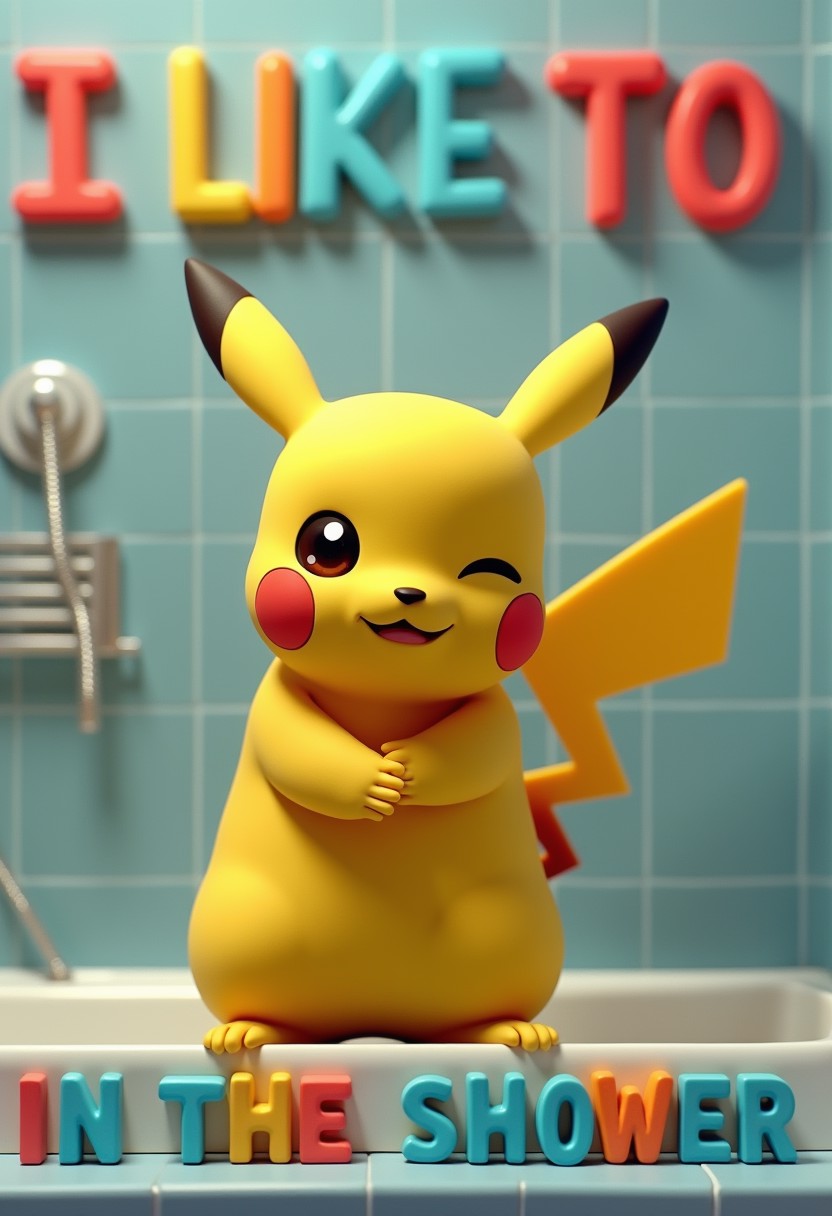 3D colorful letters spelling out the words " I LIKE TO" at the top, a picture of a photorealistic Pikachu winking at the viewer, followed by more letters spelling out "IN THE SHOWER" at the bottom of the picture, bathroom background,
masterpiece, realistic, highly detailed,